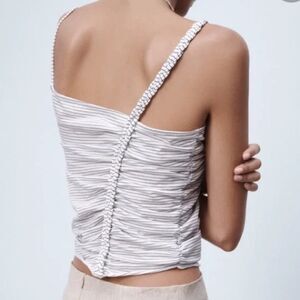 ZARA Asymmetrical Ruched Braided Strap Crop Top NWT Black White Size S